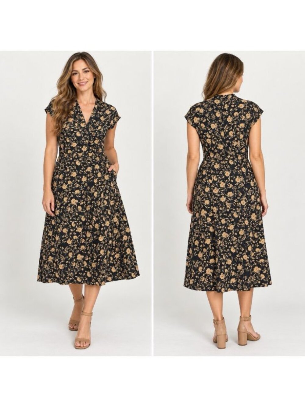 J.Jill Wearever Collection Dress XS Black Tan Floral Wrap Style Midi NWT
